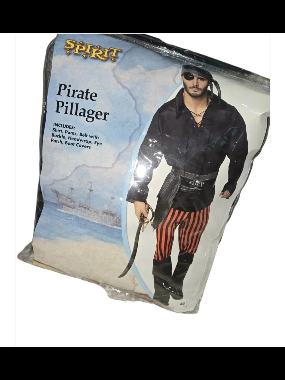 Spirit Men's Pirate Costume in Black with Red Striped Pants - Picture 2 of 3